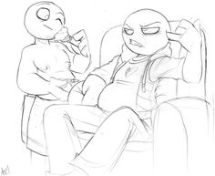 a drawing of a person sitting in a chair next to another person with eyes closed