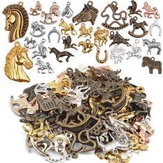 assorted metal charms including horses, giraffes and other animal shapes on a white background