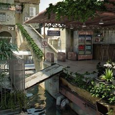 an abandoned building with vines growing on the roof and stairs leading up to it's second floor