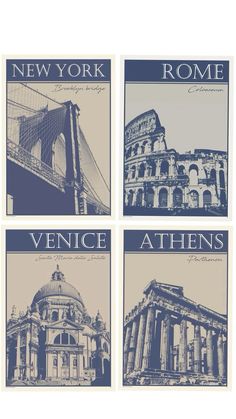 four different types of architecture are shown in blue and beige colors, with the words new york, venice, and athen's