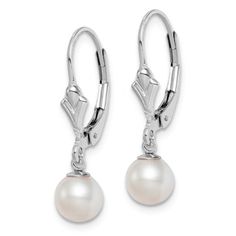 Rhodium over sterling silver polished leverback clasps dangle earrings with 6-7mm white round freshwater cultured pearls. Measures approximately 15/16"L x 1/4"W. Classic White Pearl Earrings With Lever Back, Elegant White Jewelry With Lever Back, Formal Dangle Jewelry With Lever Back, Sterling Silver Jewelry With Lever Back For Formal Occasions, Anniversary White Gold Pearl Earrings With Lever Back, Formal Sterling Silver Jewelry With Lever Back, Silver Pearl Earrings With Lever Back, Silver Round Pearl Earrings With Lever Back, Classic Silver Jewelry With Lever Back Ear Wires