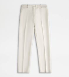 Pants in cool wool with ironed crease, slanted front pockets and welt back pockets with button. Fastened with zip, hook and counter button, they are enriched by the leather detail on the back with the distinctive T-stitching. A metropolitan garment with timeless elegance. Luxury White Knee-length Bottoms, Luxury Off White Straight Leg Bottoms, White Non-stretch Pleated Bottoms, White Stretch Pull-on Bottoms, Luxury Off-white Pants (trousers), White Trousers, Leather Detail, Trainers Women, Gift Boutique