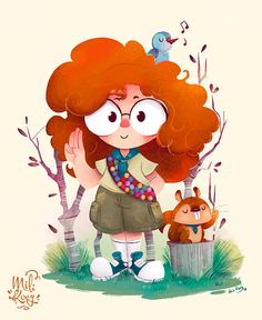 an illustration of a girl with red hair and glasses standing in front of some trees