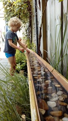 a young boy is playing with rocks in a water feature at the edge of a garden