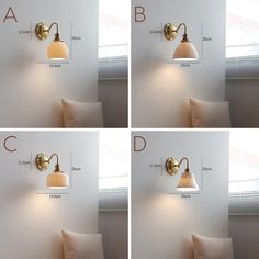 four different views of a lamp on the wall