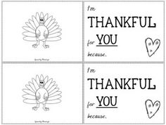 four thanksgiving cards with the words, i'm thank you and two turkeys