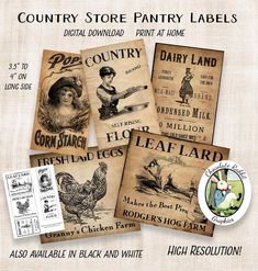 four vintage farm labels are shown with the words, country store pantry labels and other items