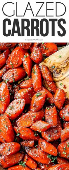 glazed carrots with parsley on top and text overlay that reads glazed carrots