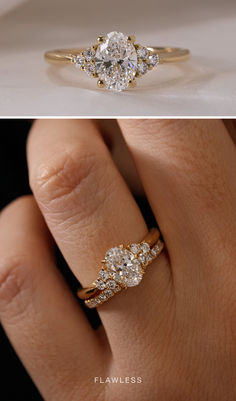 two different views of an engagement ring with diamonds on each side and the same diamond in between