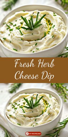 two bowls filled with mashed potatoes and topped with fresh herbs