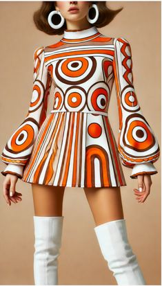 1960s Mod Mini Dress: A bold, geometric-patterned mini dress in bright orange and white. The dress has a high collar and long sleeves, styled with white go-go boots and large hoop earrings for a fun, retro look. Fitted Mini Dress With Retro Print In 70s Style, Multicolor Groovy Dress With Retro Print, 60’s Outfits, Fitted Mini Dress With Retro Print, 70s Inspired, Edwardian Tea Dress, Mod Mini Dress With Retro Print, 1960s Mod Fashion, 1960s Aesthetic