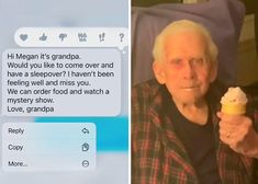 an older man is eating ice cream and texting to his granddaughter on her phone