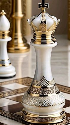 a white and gold chess piece on a checkered floor