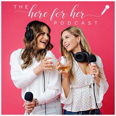 two women with headphones are holding wine glasses and microphones in front of a pink background