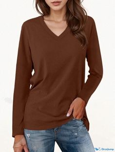 Orcajump - Chic and Relaxed Long-Sleeve Solid Color Blouse Brown Solid Color Tops For Work, Plain V-neck Top For Fall, Plain Brown Tops For Fall, Brown Casual Long Sleeve Top For Fall, Brown Solid Color Blouse For Fall, Casual Brown Long Sleeve Top, Brown Long Sleeve Casual Top, Casual Long Sleeve Brown Top, Stretch Brown Long Sleeve Tops