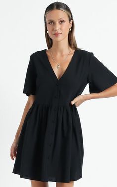 Search Black Short Sleeve V-neck Dress For Day Out, Black V-neck Short Sleeve Dress For Day Out, Black V-neck Mini Dress With Button Closure, Summer V-neck Dress With Short Sleeves For Day Out, Summer Short Sleeve V-neck Dress For Day Out, Summer V-neck Mini Dress With Button Closure, Short Sleeve V-neck Dress With Ruffle Hem For Brunch, Summer V-neck Dress With Button Closure, Short Sleeve Mini Dress With Button Closure For Vacation