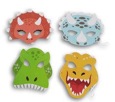 four masks with different designs on them, one has teeth and the other has fangs