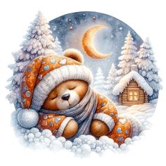 a painting of a teddy bear sleeping in the snow