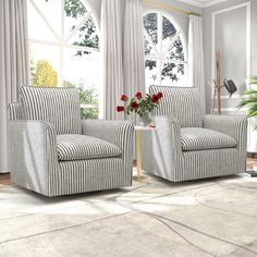 a living room with two striped chairs and a vase filled with flowers on the table