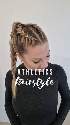 Double Braid Into Ponytail, Braided Hairstyles Ponytail Sports, Braided Hairstyles Sports Workout Hair, Athletic Hairstyles High Ponytails, Two Braids High Ponytail, Braids Sports Athletic, Braided Hairstyles For Runners, Ponytail With Braid In The Middle, 2 Braids Into 1 Ponytail