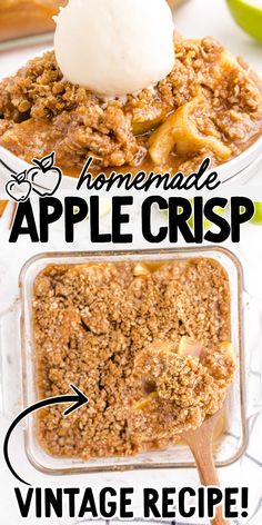 homemade apple crisp in a glass dish with vanilla ice cream on top and the recipe below