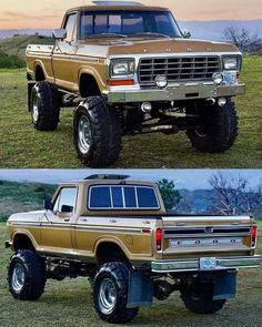 two pictures of an old ford bronco truck