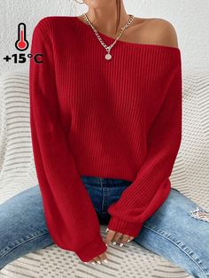 Women's Solid Color Red Simple Casual Asymmetrical Neck Pullover Sweater,Long Sleeve Tops Red Casual  Long Sleeve Knitwear Plain Pullovers Slight Stretch  Women Clothing, size features are:Bust: ,Length: ,Sleeve Length: Cute Red Sweater, Red Outfits, Plus Size Pullover, Simple Sweaters, Plus Size Winter, Halloween Fancy Dress, Red Sweater, Women Long Sleeve Tops, Plus Size Sweaters