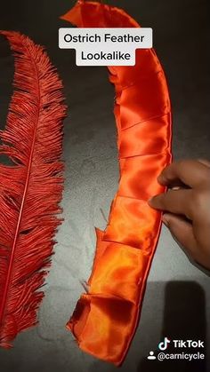 someone is holding an orange feather next to a red piece of fabric that has been cut in half