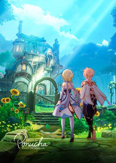 two anime characters standing in front of a house with sunflowers on the ground