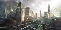 a futuristic city with lots of tall buildings