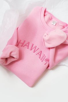 Embroidered Hawaii Sweatshirt/ Hawaii Crewneck/ The Aloha State Sweatshirt / Unisex Crewneck / Embroidered State Sweatshirt Pink Sweatshirt With Ribbed Cuffs And Crew Neck, Pink Crew Neck Sweatshirt With Ribbed Cuffs, Pink Long Sleeve Sweatshirt With Embroidered Logo, Casual Pink Fleece Sweater, Pink Crew Neck Top With Embroidered Logo, Pink Crew Neck Sweater With Embroidered Logo, Pink Crew Neck Sweater With Ribbed Cuffs, Crew Sweater With Embroidered Logo For Loungewear, Crew Neck Sweater With Embroidered Logo For Loungewear