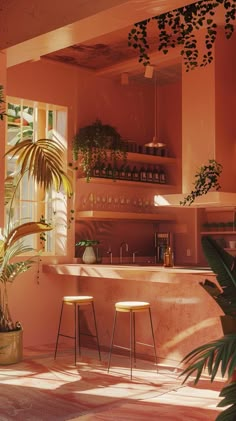 the sun shines through the window into a room filled with potted plants