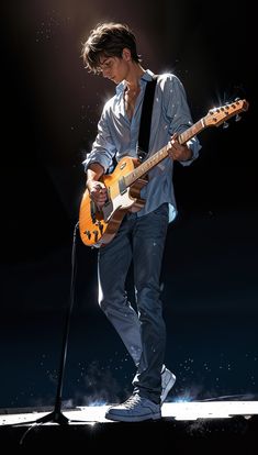 a young man playing an electric guitar on stage