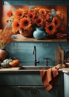 sunflowers and other flowers are in vases on the kitchen sink countertop