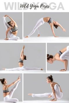 a woman doing yoga poses with her hands in the air