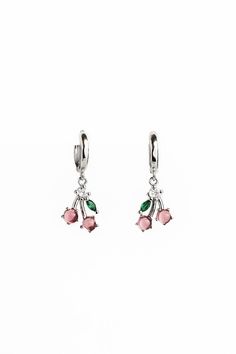 The sweetest pink cherry dangling hoops with white, green and pink gem details. 925 Sterling Silver Hinge Closure Pink Sterling Silver Small Hoop Earrings, Pink Sterling Silver Hoop Earrings, Pink Dangle Clip-on Jewelry, Pink Clip-on Dangle Jewelry, Pink Sterling Silver Huggie Jewelry, Pink Sterling Silver Huggie Earrings, Sterling Silver Pink Hoop Earrings, Pink Dangling Charms Drop Earrings, Pink Drop Earrings With Dangling Charms