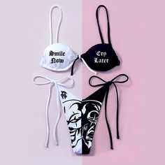 Brand New Boutique Item. Black & White Two Piece String Bikini Set. The Top Is White On The Right Side & Black On The Left One, With Contrasting Color Lettering On Each And The Bottoms Are Split Down The Center And Are Half White, Half Black. The Top Reads “Smile Now” “Cry Later” & Ties In The Center, Behind The Neck, & Behind The Back. The Bottoms Have A Graphic Of Half Of A Smiling Clown Face & Half A Crying One. Material Is Ribbed & Top Has Removable Padding. Fully Lined. See Pictures For Det White Letter Print Swimwear For The Beach, White Letter Print Swimwear For Beach, White Letter Print Swimwear For Beach Season, White Fitted Swimwear With Letter Print, Fitted White Swimwear With Letter Print, Black And White Two Piece, Unique Bikinis, 3d Skull, Perfect Swimsuit