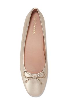 A dainty bow adds a dose of sweetness to a ballet flat shaped from buttery-soft leather and modernized by a squared toe. Leather upper/synthetic lining/rubber sole Imported Spring Ballet Flats With Bow And Square Toe, Formal Flats, Dream Wishlist, Gold Ballet Flats, Flat Shapes, Womens Ballet Flats, Leather Ballet Flats, Gift List, Ballet Flat