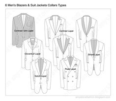 Blazers & Suit Jackets Collars Types with Illustrations and names Different Types Of Collars, Suit Pattern, Types Of Coats, Fashion Vocabulary, Safari Jacket, Types Of Jackets