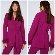 Nasty Gal Feather Cuff Belted Berry Pink Blazer Jacket. Deep V Collard Neckline. Removable Feather Trim At Cuffs. Belt In Front Or Back. Belt Loops At Sides. Berry Colorway. 97% Polyester / 3% Elastane. Machine Wash. Size: 20 Armpit To Armpit: 28 Inches Length: 32 Inches Condition: New With Tags All Measurements Are Approximate And Taken With The Item Lying Flat. I Do Not Trade Or Model. Thank You So Much For Your Interest! Purple Fall Office Blazer, Purple Long Sleeve Outerwear For Party, Chic Purple Blazer For Fall, Purple Long Sleeve Party Outerwear, Purple Formal Outerwear For Spring, Formal Purple Outerwear For Spring, Chic Purple Blazer For Workwear, Winter Purple Blazer For Party, Chic Purple Blazer For Work