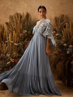 Indian Style Gowns, Gown With Cape, Tiered Gown, Festival Skirts, White Maxi Skirts, Blue Gown, Ladies Gown, Embroidered Neckline