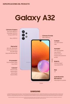 an advertisement for the samsung a32 smartphone with information about it and its features on pink background