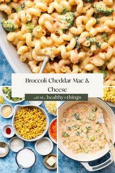 broccoli cheddar mac and cheese is shown in three different pictures with the title above it