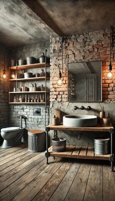 a rustic bathroom with brick walls and wooden flooring is pictured in this image, there are two sinks on the left side of the room