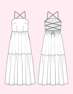 the front and back view of a dress with straps on it, drawn in pencil