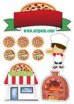 a set of stickers with pizzas and a person standing in front of an oven