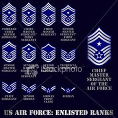 us air force emblems and rank insignias in blue on a black background with the words u s air force enlisted ranks