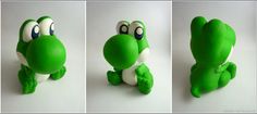 three pictures of a green stuffed animal with big eyes and hands on his knees, sitting down