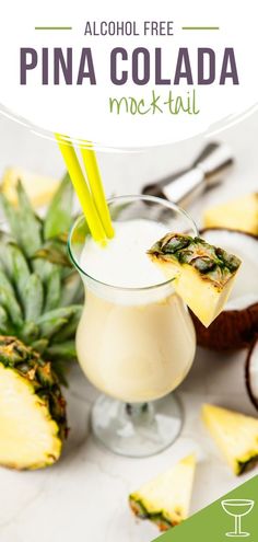 a pina colada cocktail with pineapples in the background