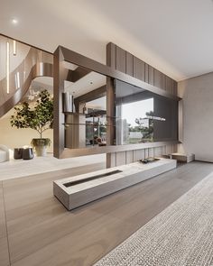 a living room filled with furniture and a large mirror on the wall next to it